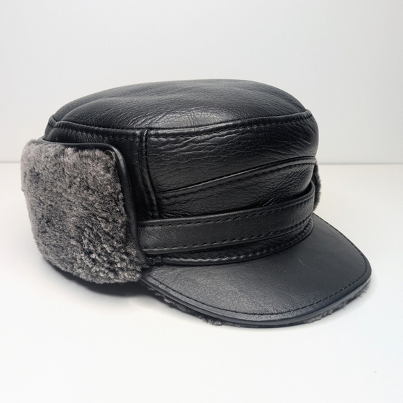 R&V black leather trapper hat faux fur lined fold down men's size XXL - Picture 1 of 9